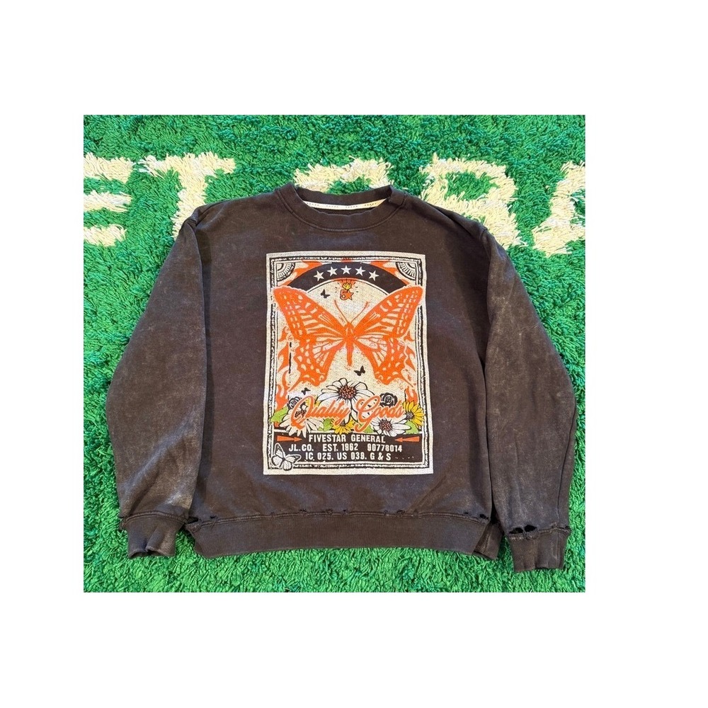 Fivestar General Sweatshirt Mens L Black Distressed Butterfly Graphic Crewneck